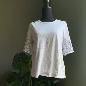White Cotton Tshirt with Crocheted Bell Sleeves